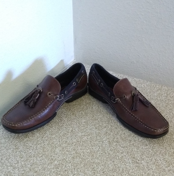 Cole Haan Brown & Navy Leather Tassel Loafers - Picture 1 of 6
